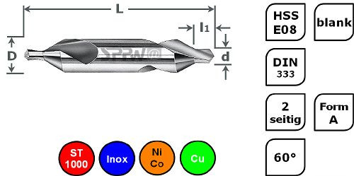 SPPW Zentrierbohrer HSS-E08 DIN333 Form A - 1,25x3,15, VE: 10 Stück, 1233300125