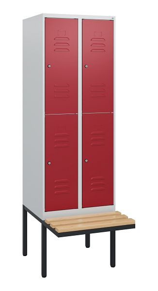 C+P Doppelstöckiger Spind Classic PLUS, 2 Abteile, 1950x600x815mm, 7035/3003, Zylinderschlösser, Buche-Sitzleisten, Sitzfläche, 0803405-20 S10031