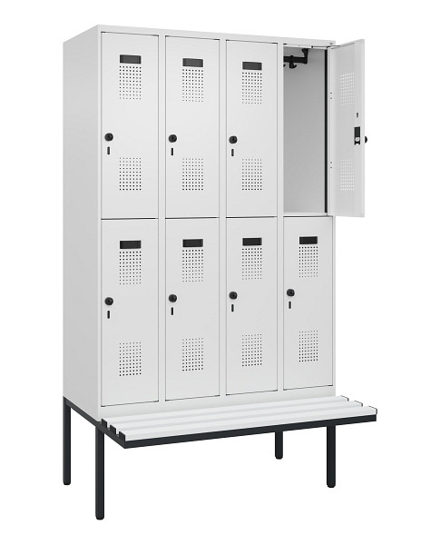 C+P Doppelstock-Spind Evolo PLUS, Bank, 8 Fächer, 2120x1200x815mm, 9016/9016, Drehriegel, Sitzfläche Kunststoff, 0493407-40 S10101
