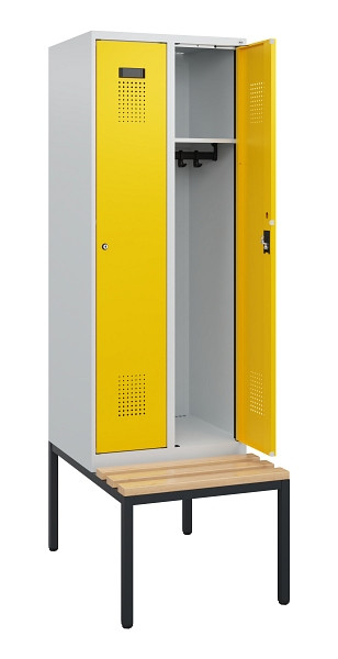 C+P Spind Evolo PLUS, 2 Abteile, 1950x600x815mm, 7035/1023, Zylinderschloss, Sitzfläche Holz, Sitzbank, 0490505-20 S10020