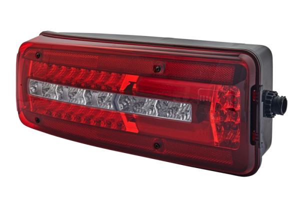 HELLA Heckleuchte, Truck Full LED, LED, 24V, Anbau/geschraubt, glasklar/rot, 500mm, DIN Bajonett, Rundstecker, links, Kennzeichenlicht, 2VD 012 381-011