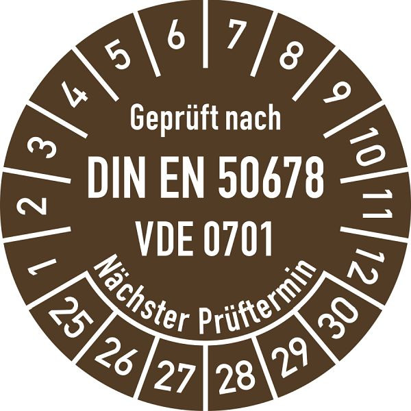 Moedel Prüfplakette DIN EN 50678 Nächster Prüftermin, 2025-2030, Folie, Ø 30mm, VE: 10 Stück/Bogen, 108587