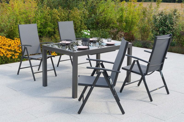 Merxx Amalfi Set 5-teilig, 4 Amalfi Klappsessel, 1 Ausziehtisch 150 (210) x 90 cm, graue Glasplatte, Graphit/grau, 51105-309
