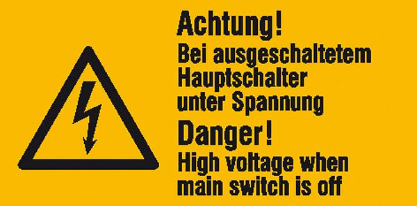 SafetyMarking Warn-Kombischild, Achtung! Bei ausgeschaltetem Hauptschalter unter Spannung, BxH 6,5x3,2 cm, Folie, selbstklebend, VE: 6 Stück/Bogen, 30.0605