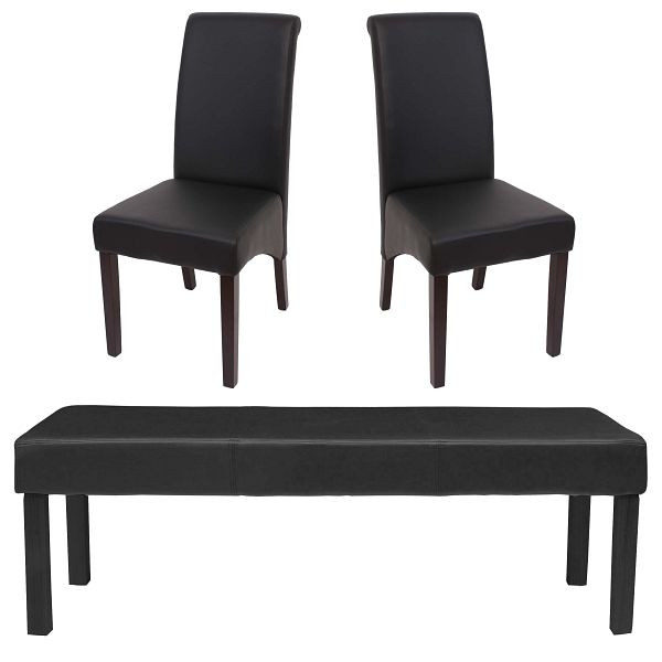 Mendler Esszimmergarnitur Garnitur M37, Bank und 2 Stühle Kunstleder, 120x43x49 cm schwarz, dunkle Beine, 22303+22312