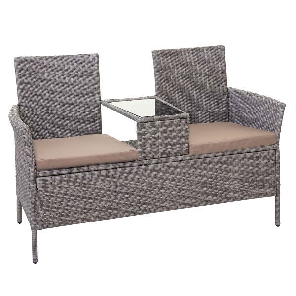Mendler Poly-Rattan Sitzbank mit Tisch HWC-E24, Gartenbank Sitzgruppe Gartensofa, 132cm, grau, Kissen creme, 65247