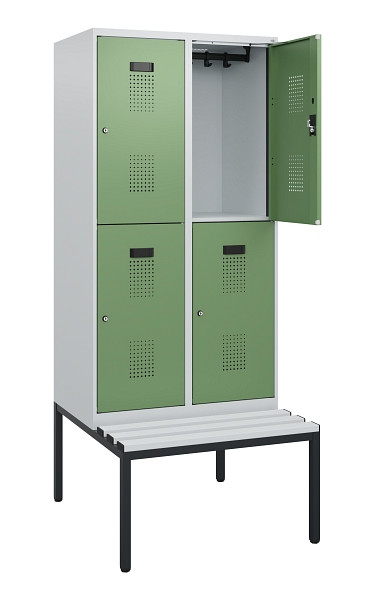 C+P Doppelstöckiger Spind Evolo PLUS, Bank, 4 Fächer, 1950x800x815mm, 7035/6011, Zylinderschloss, Sitzfläche Kunststoff, Sitzbank, 0493505-22 S10145