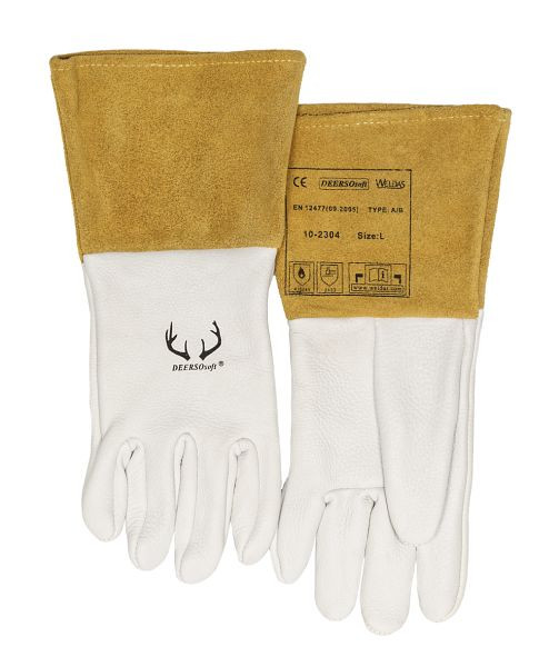 ELMAG 5-Finger-Schweißerhandschuhe WELDAS 10-2304 M, WIG/TIG aus Hirsch-Vollleder mit Rind-Spaltleder Stulpe, Länge: 32 cm, Größe 8, 5 (1 Paar), 59154
