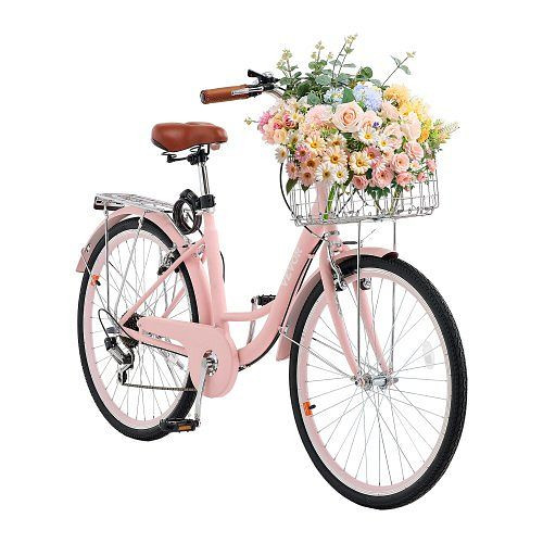 VEVOR Cruiser Fahrrad 7-Gang 660mm Reifen, Beach Fahrrad mit Korb & Gepäckträger, verstellbarer Sitz, für Training & Einkaufen Rosa, GK26INCH7SFSVCK6GV0