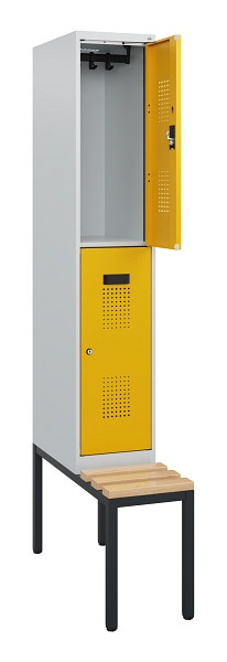 C+P Doppelstöckiger Spind Evolo PLUS, Bank, 2 Fächer, 1950x300x815mm, 7035/1004, Zylinderschloss, Sitzfläche Buche-Hartholz, Sitzbank, 0493505-10 S10019