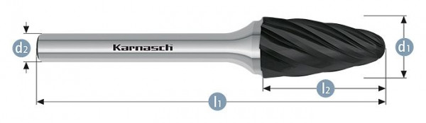 Karnasch Hartmetall-Frässtift Black-Tec beschichtet RBF/ HP-7 d1=3 / l2=14 / d2=3 / l1=38mm, VE: 3 Stück, 115055015