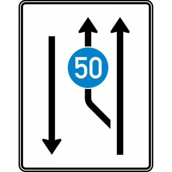 Stein HGS Aufweitungstafel mit Gegenverkehr, 1-streifig plus Fahrstreifen links und 1 in Gegenrichtung, Nr. 546-10, RA1/Alform, ohne Entfernungsangabe, 1600x1250mm, 546-10-112