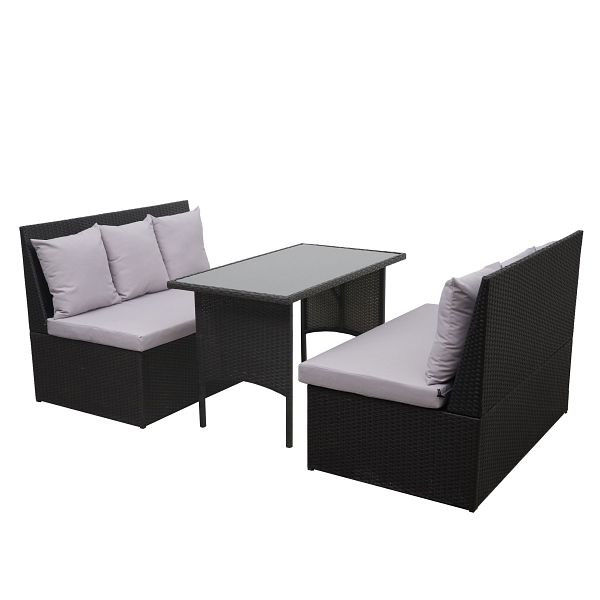 Mendler Poly-Rattan Garnitur HWC-G16, Garten-/Lounge-Set Sitzgruppe, Gastronomie 2x2er Sofa Tisch, schwarz, Kissen hellgrau, 70862