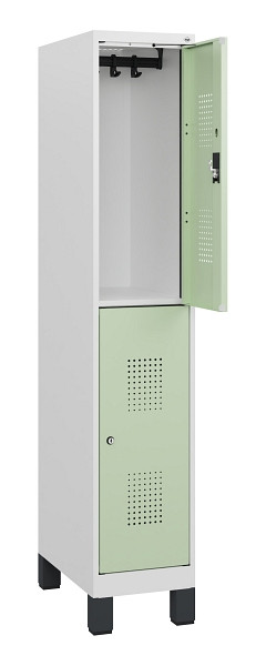 C+P Doppelstöckiger Spind Evolo PLUS, Füße, 2 Fächer, 1630x300x500mm, 9016/6019, Zylinderschloss, 0493105-10 S10049