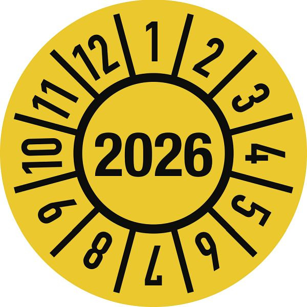 Moedel Prüfplakette Jahr 2026 mit Monaten, Folie, Ø 15 mm, VE: 10 Stück/Bogen, 104090