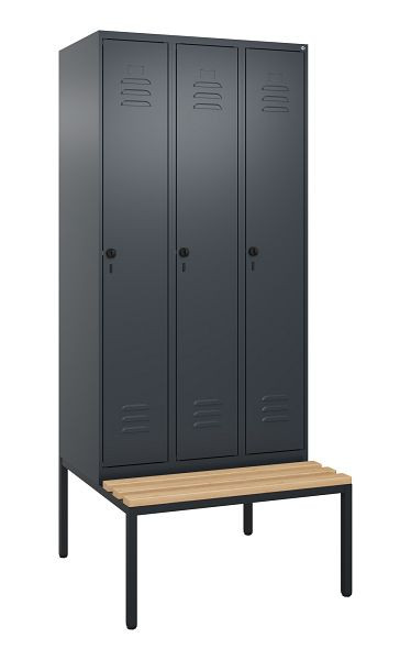 C+P Umkleidespind Classic PLUS, mit untergebauter Sitzbank, 3 Abteile, 2120x900x815mm, 7016/7016, Drehriegel, Buche-Sitzleisten, 0800507-30 S10012