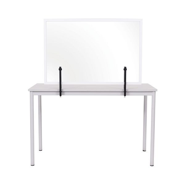Bi-Office Trennwand, Spritzschutz Acryltafel mit Metallklammern zum Befestigen am Tisch, mit 2,2cm breitem, weißem MDF-Rahmen, 104x70cm, AC03016681