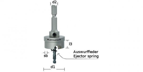 Karnasch Hartmetall-bestückte Lochsäge Extra Easy-Cut 3 komplett mit Schaft, Zentrierbohrer, Auswurffeder, Schnitttiefe 8mm, d=37mm, VE: 2 Stück, 201025037