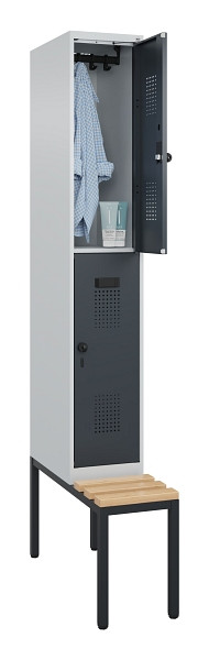 C+P Doppelstock-Spind Evolo PLUS, Bank, 2 Fächer, 2120x300x815mm, 7035/7016, Drehriegel, Sitzfläche Buche-Hartholz, Sitzbank, 0493507-10 S10012