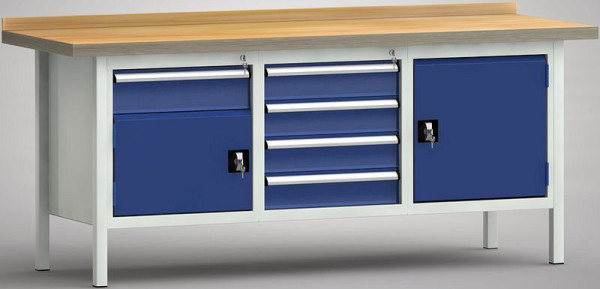 KLW Profi-Werkbank - 700 x 700 x 905 mm L x T x H (ERGO-Version), links 150EA/Tür, mittig 4x125EA, rechts Tür, WP247E-2000M45-E7043