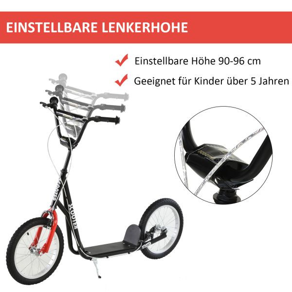 HOMCOM Kinderroller Scooter Tretroller Cityroller Kinder Roller Kickboard Luftreifen 16 Zoll Schwarz 139 x 58 x 90-96 cm, 371-021BK