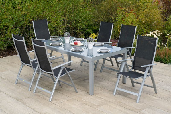 Merxx Carrara Set 7-teilig, 6 Klappsessel, Rückenlehne verstellbar, 1 Tisch, Halbrundprofil, 190 x 100 cm, Silber/schwarz, 50694-219