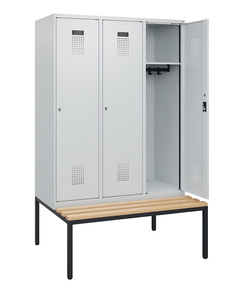 C+P Spind Evolo PLUS, 3 Abteile, 1950x1200x815mm, 7035/7035, Zylinderschloss, Sitzfläche Buche-Hartholz, Sitzbank, 0490505-32 S10040