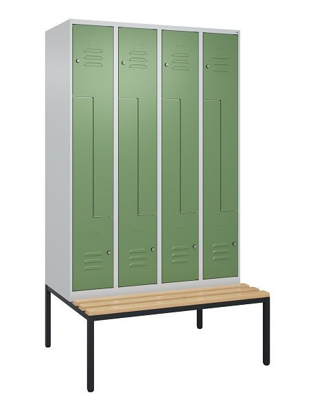 C+P Z-Spind Classic PLUS, mit untergebauter Sitzbank, 8 Abteile, 2120x1200x815mm, 7035/6011, Zylinderschlösser, Buche-Sitzleisten, 0800537-408 S10021