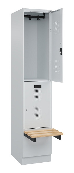 C+P Doppelstock-Spind Evolo PLUS, Bank, 2 Fächer, 1950x400x815mm, 7035/7035, Zylinderschloss, Sitzfläche Buche-Hartholz, mit Sockel, 049340-12 S10040