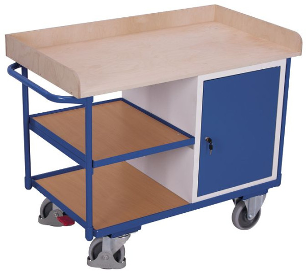 VARIOfit Werkstattwagen mit 3 Ladeflächen, Außenmaße: 1.220 x 640 x 955 mm, RAL 5010 enzianblau, mit verschließbarer Flügeltür, sw-600.610