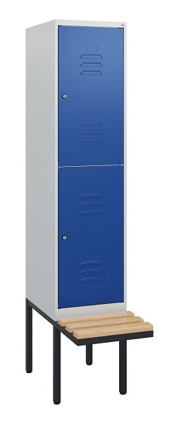 C+P Doppelstöckiger Spind Classic PLUS, 1950x400x815mm, 7035/5010, Zylinderschlösser, Sitzleisten aus Buche, schwebende Sitzfläche, 0803405-12 S10033