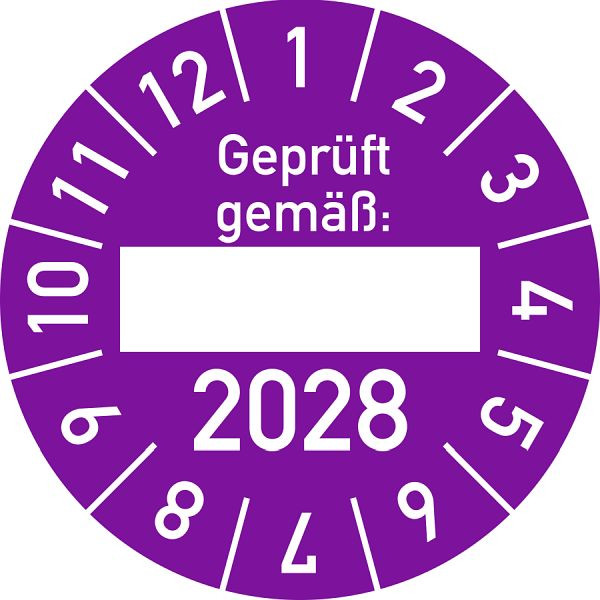 Moedel Prüfplakette Geprüft gemäß: 2028, Folie, Ø 30 mm, VE: 10 Stück/Bogen, 107053
