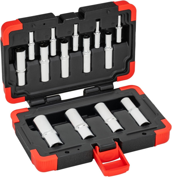 VIGOR T Steckschlüsseleinsatz Satz, 1/4 Zoll Vierkant, 3/8 Zoll Vierkant, 1/2 Zoll Vierkant, E Profil, 14-teilig, E4 – E24, V7014