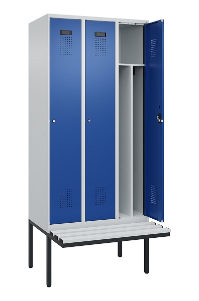 C+P Spind Evolo PLUS, 3 Abteile, 2120x900x815mm, 7035/5010, Haken 4, Zylinderschloss, Material Sitzfläche Kunststoff, 0490407-30F S10087