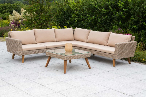 Merxx Pamplona Eckset, Eckset inkl. Sitz- und Rückenkissen, 1 Tisch 70 x 70 cm, aufliegende Glasplatte, Beine aus Akazienholz, natur, 28445-254