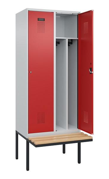 C+P Spind Evolo PLUS, 2 Abteile, 2120x800x815mm, 7035/3000, Haken 4, Zylinderschloss, Sitzfläche Holz, Trennwand, 0490407-22F S10030