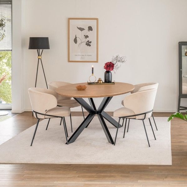 HOME DELUXE Essgruppe Oval AVENTIS inklusive Sternfuß 200x120 cm Fishbone Oak 4 Stühle AMARA Samt Beige, 58569