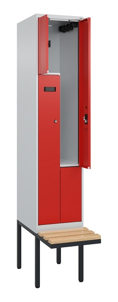 C+P Z-Spind Evolo PLUS, Bank, 2 Fächer, 2120x400x815mm, 7035/3020, Zylinderschloss, Sitzfläche Holz, 0490437-122 S10034