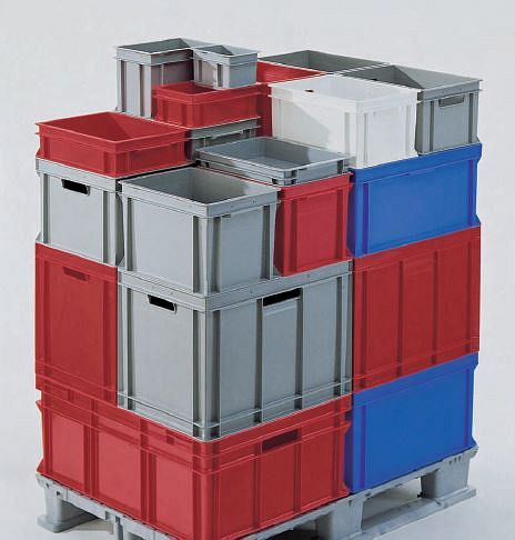 Gruber Systeme Lagerbehälter rot L600xB400xH280mm, Seitenwände geschlossen, mit Grifflöchern, ENB6428.12/11