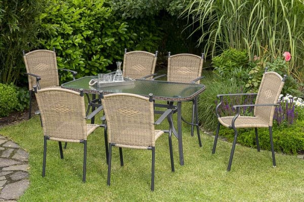 Merxx Roma Set 7-teilig, 6 Stapelsessel, 1 Tisch 150 x 80 cm, Glasplatte mit Geflechtrand, graphit/natur, 50393-211