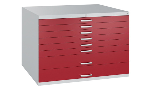 C+P Flachablageschrank Serie 7100_7200, H760xB1100xT765mm, 7035/3003, 2 Schubladenblenden doppelwandig, 7101-200 S10405