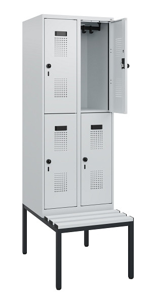 C+P Doppelstöckiger Spind Evolo PLUS, Bank, 4 Fächer, 1950x600x815mm, 7035/7035, Drehriegel, Sitzfläche Kunststoff, Sitzbank, 0493505-20 S10106