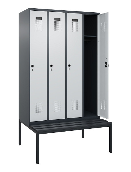 C+P Spind Evolo PLUS, 4 Abteile, 2120x1200x815mm, 7016/7035, Haken 3, Drehriegel, Sitzfläche Kunststoff, Sitzbank, 0490507-40 S10071