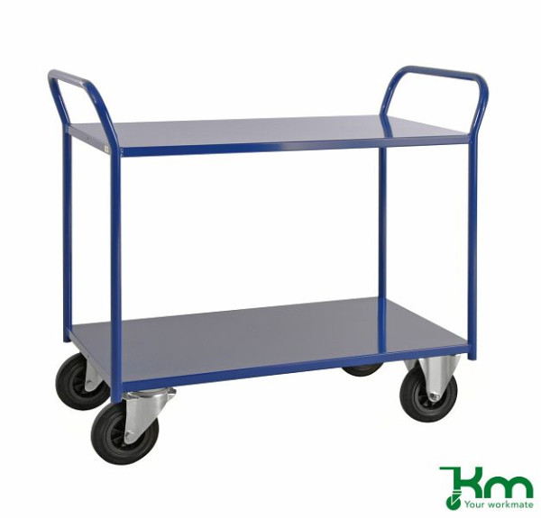 Kongamek Etagenwagen mit 2 Böden, vollständig geschweißt, 1070 x 550 x 1000 mm, Blau, 2 Bockrollen 2 Lenkrollen mit Bremse, KM4168-BB