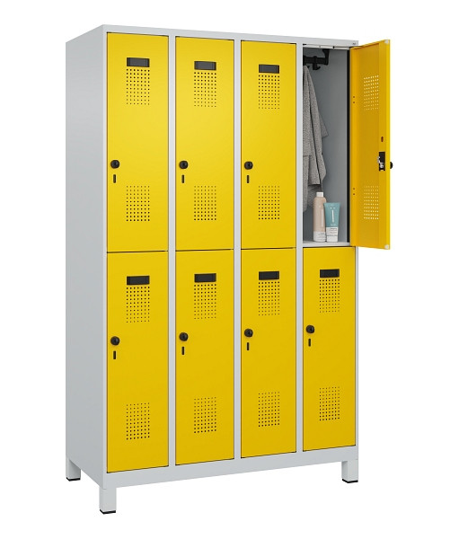 C+P Doppelstöckiger Spind Evolo PLUS, mit Füßen, 8 Fächer, 1950x1200x500mm, 703, Frontfarbe RAL 1023 Verkehrsgelb, Drehriegel, 049310-40 S10001