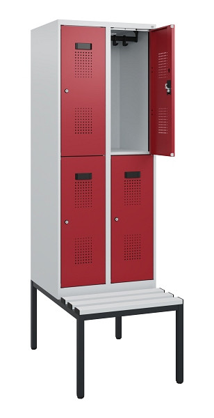 C+P Doppelstöckiger Spind Evolo PLUS, Bank, 4 Fächer, 1950x600x815mm, 7035/3003, Zylinderschloss, Sitzfläche Kunststoff, Sitzbank, 0493505-20 S10139