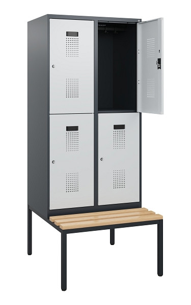 C+P Doppelstöckiger Spind Evolo PLUS, Bank, 4 Fächer, 1950x800x815mm, 7016/7035, Zylinderschloss, Sitzfläche Buche-Hartholz, Sitzbank, 0493505-22 S10044