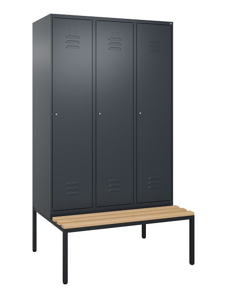 C+P Umkleidespind Classic PLUS, mit untergebauter Sitzbank, 3 Abteile, 2120x1200x815mm, 7016/7016, Zylinderschlösser, Buche-Sitzleisten, 0800507-32 S10056