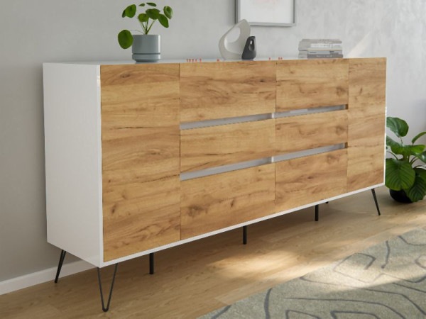 Posseik Sideboard Industrial R 200cm 6 Schubladen 2 Türen Weiß/Eiche Front, PN2095X0000034DE