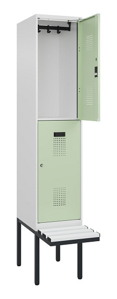 C+P Doppelstock-Spind Evolo PLUS, Bank, 2 Fächer, 2120x400x815mm, 9016/6019, Zylinderschloss, Sitzfläche Kunststoff, 0493407-12 S10133